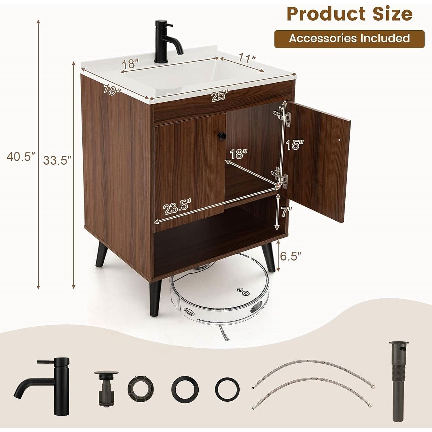 Mid-Century Modern Bathroom Vanity in Walnut Wood Finish with Sink - Free Shipping