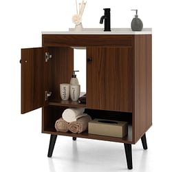 Mid-Century Modern Bathroom Vanity in Walnut Wood Finish with Sink - Free Shipping