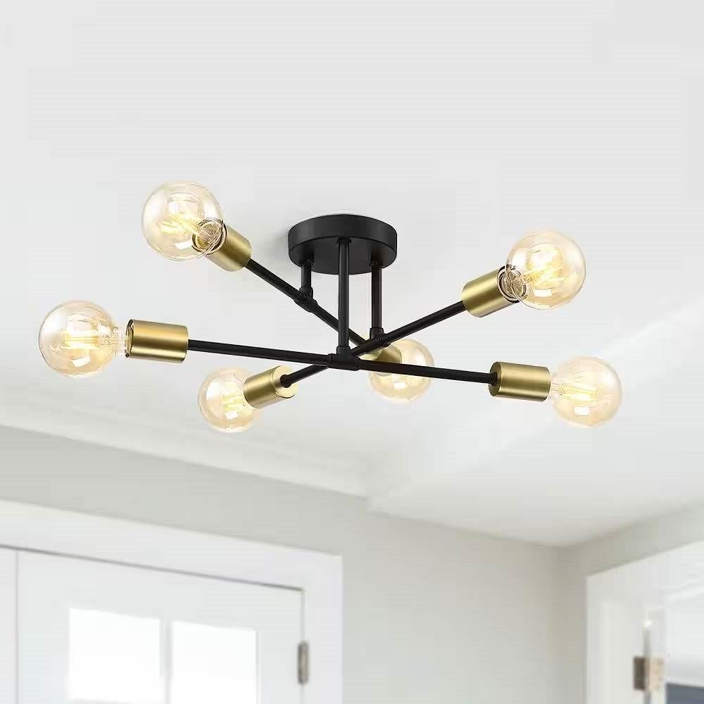 Mid-Century Sputnik Style 6-Light Black Gold Ceiling Light - Semi Flush Mount - Free Shipping 