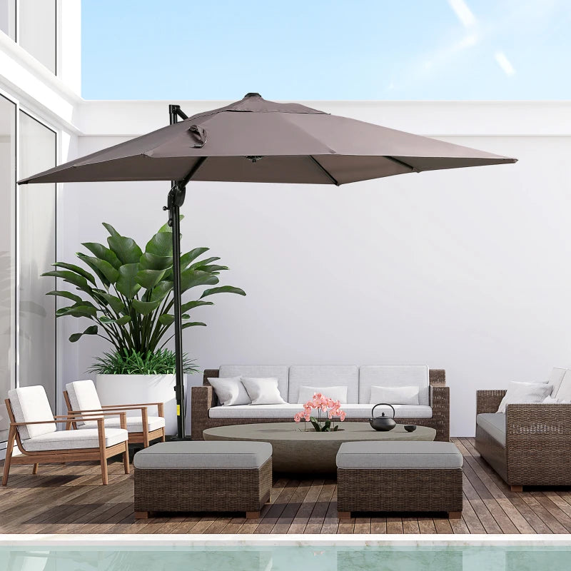 8'x8' Square Patio Hanging Offset Umbrella, Outdoor Cantilever Parasol w/ Cross Base, Light Brown