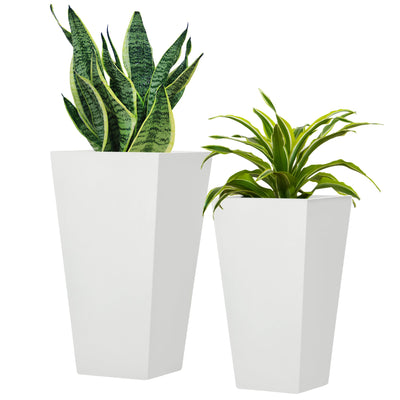 Outsunny Set of 2 Tall Planters with Drainage Holes, 22" / 18" Outdoor Flower Pots for Patio, Yard, Garden, White 