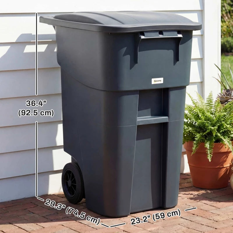 Outdoor Garbage Bin with Lid and Wheels, 53 Gallon Large Trash Can Garbage Can with Handle for Patio, Yard, Dark Grey