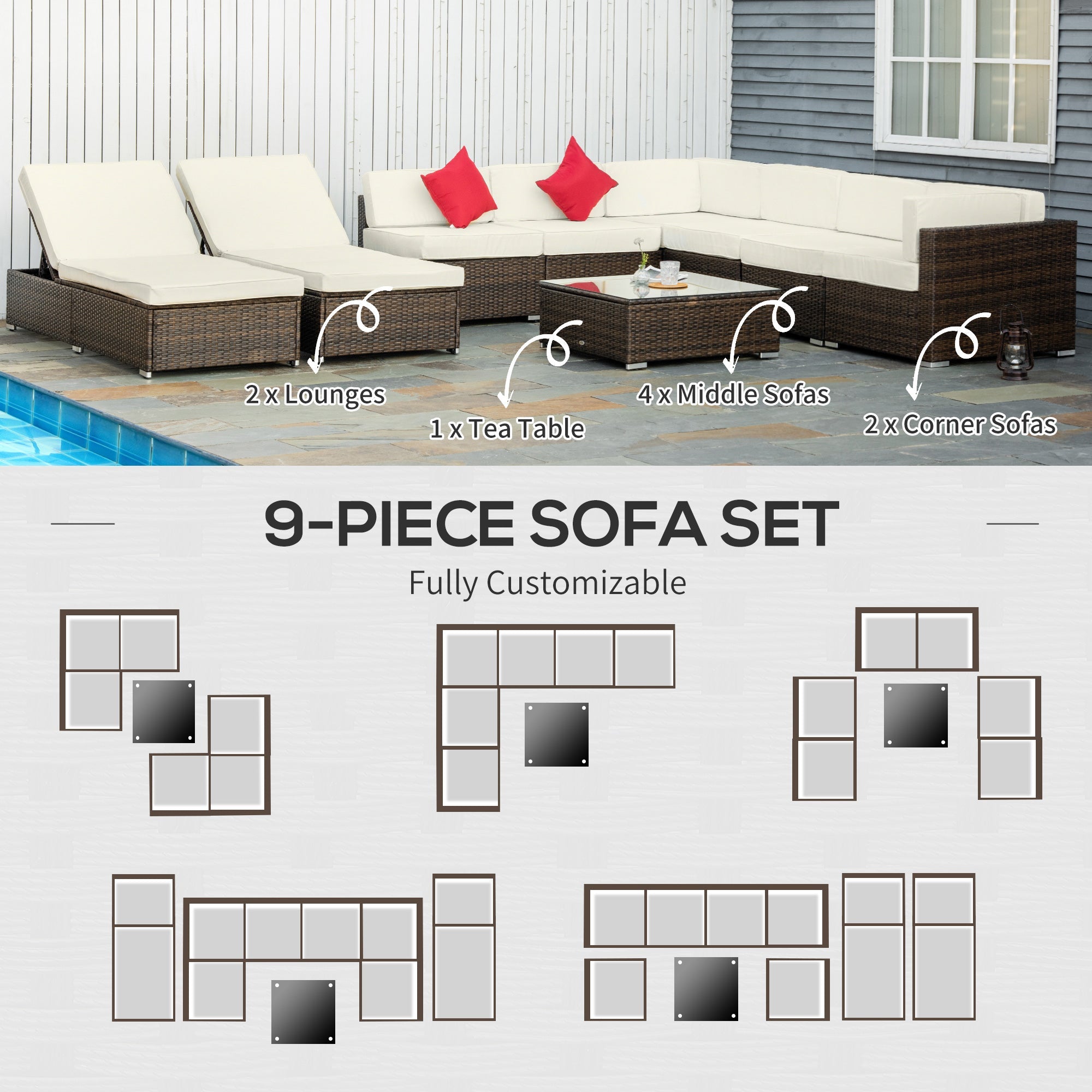 Outsunny 9pcs Patio Furniture Set Outdoor Wicker Sofa Cushioned Seat Cream White 