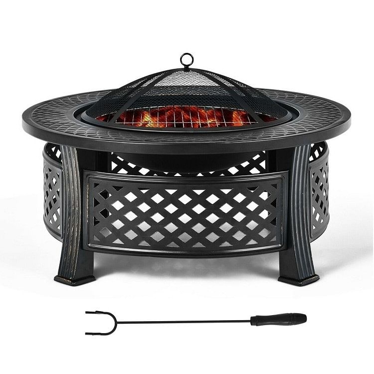 Rustic Steel Outdoor Fire Pit with BBQ Grill with Poker and Mesh Cover - Free Shipping 