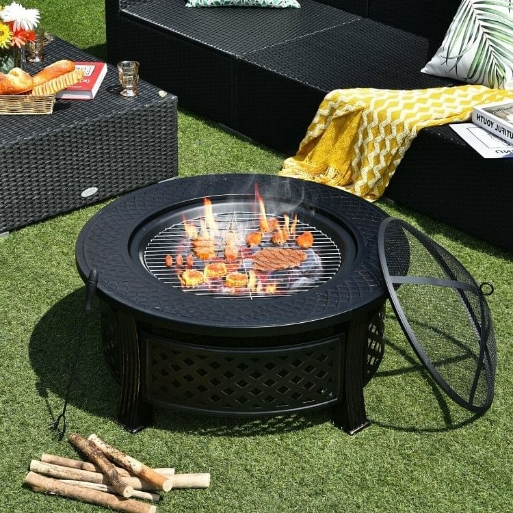 Rustic Steel Outdoor Fire Pit with BBQ Grill with Poker and Mesh Cover - Free Shipping