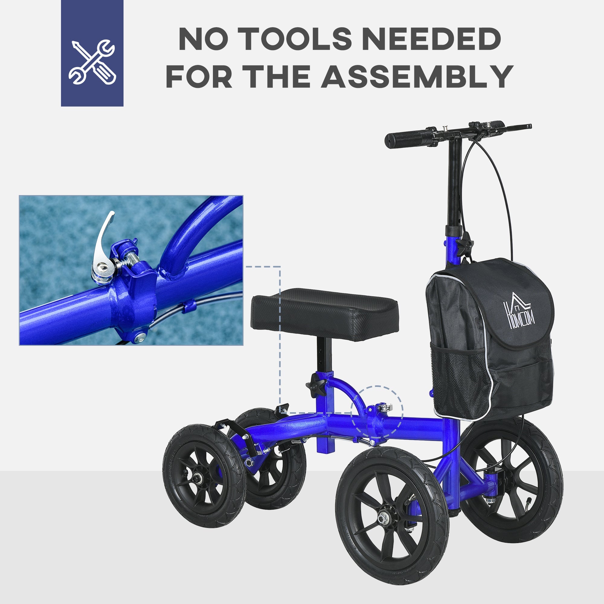 HOMCOM Adjustable Steerable Knee Walker, Foldable Knee Scooter with Rubber Wheels, Dual Brake, Crutch Alternative, Blue 