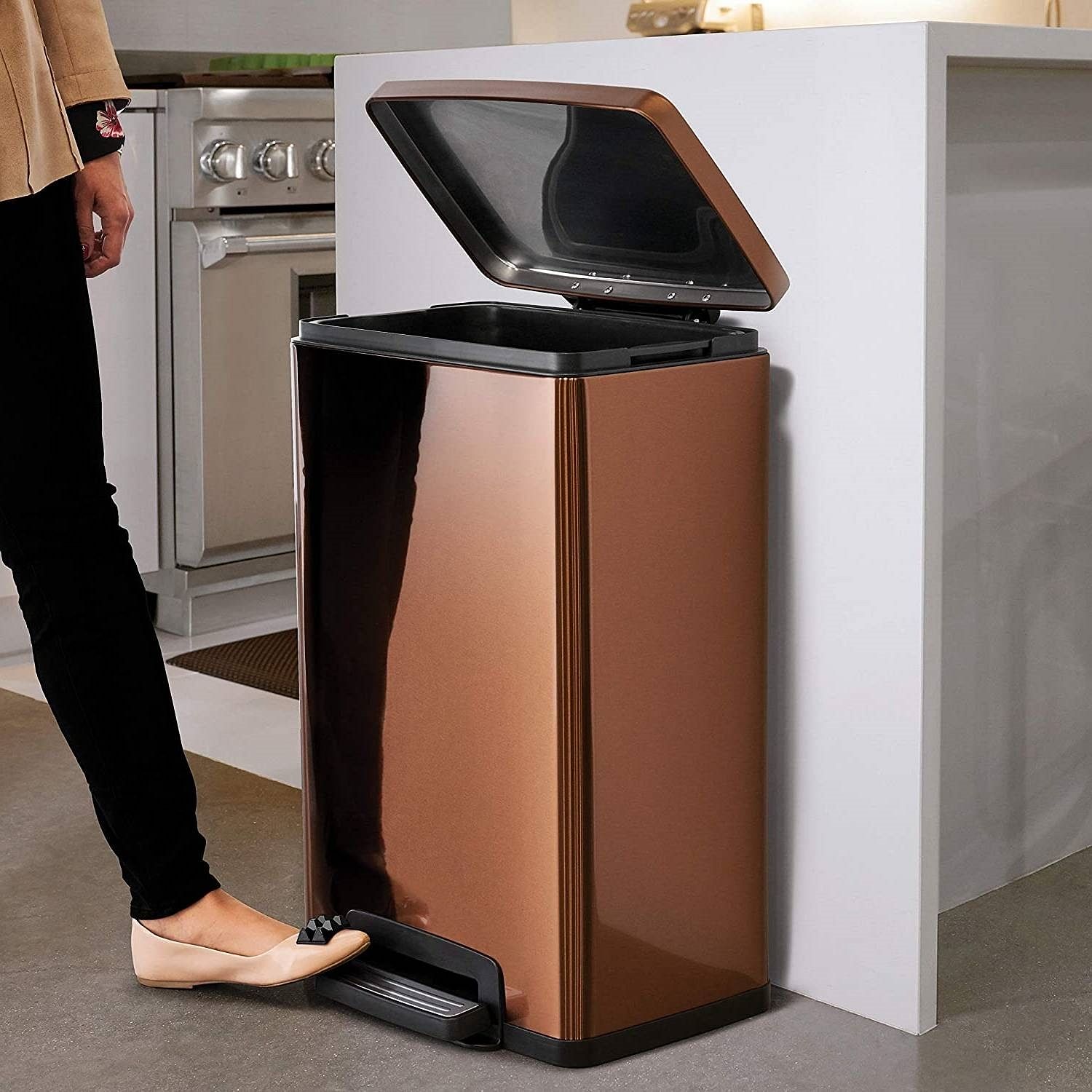 Stainless Steel 13-Gallon Kitchen Trash Can with Step Lid in Copper Bronze - Free Shipping