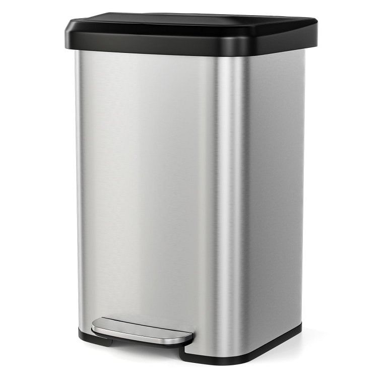 13-Gallon Silver Stainless Steel Step Trash Can with Soft Close Lid - Free Shipping