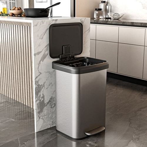 13-Gallon Silver Stainless Steel Step Trash Can with Soft Close Lid - Free Shipping 