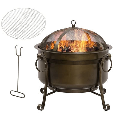 Outdoor Wood Burning Fire Pit Cauldron Style Steel Bowl w/ BBQ Grill, Log Poker, and Mesh Screen Lid - Free Shipping 
