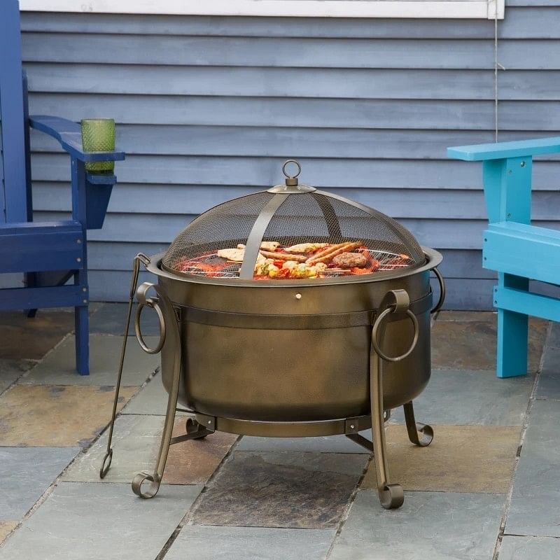 Outdoor Wood Burning Fire Pit Cauldron Style Steel Bowl w/ BBQ Grill, Log Poker, and Mesh Screen Lid - Free Shipping