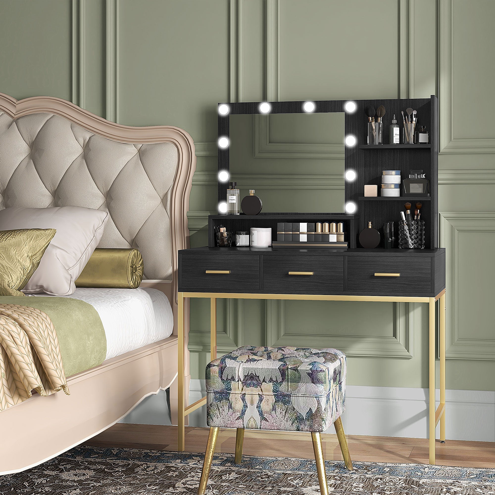 HOMCOM Illuminated Dressing Table, LED Vanity Table with Mirror, 3 Drawers and Storage Shelves for Bedroom, Black 