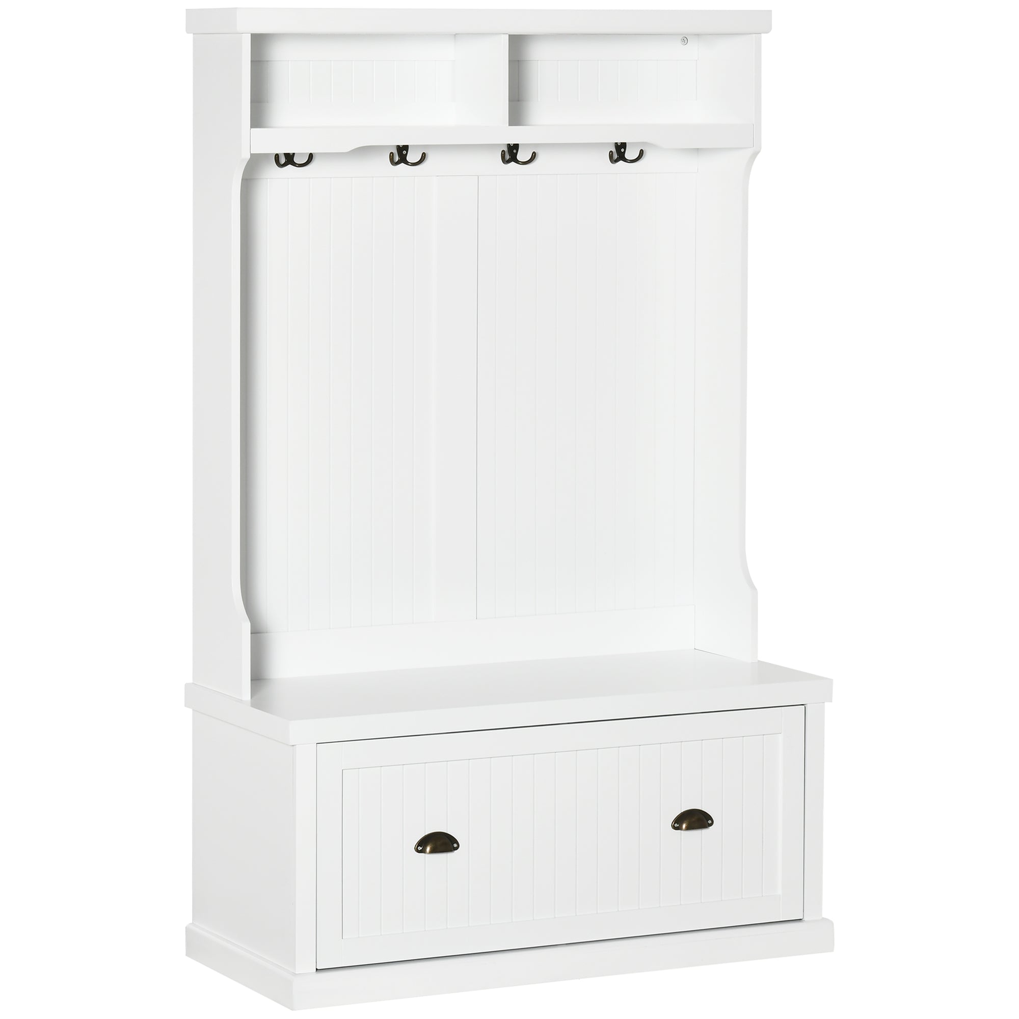 HOMCOM 3-in-1 Entryway Elegance: Modern Hall Tree Coat Rack with Shoe Storage Bench and Hooks for Bedroom, White Finish 