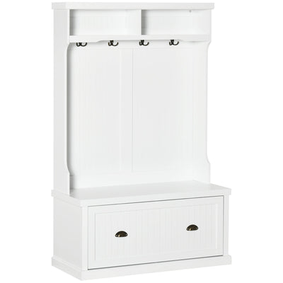 HOMCOM 3-in-1 Entryway Elegance: Modern Hall Tree Coat Rack with Shoe Storage Bench and Hooks for Bedroom, White Finish 
