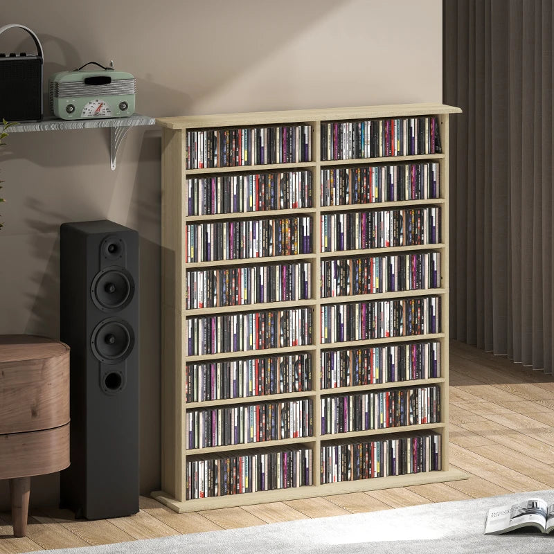 8-Tier DVD Shelf with 12 Adjustable Shelves, Double CD Shelf, Holds 720 CDs, 396 DVDs or 396 Blu-rays, Natural Wood