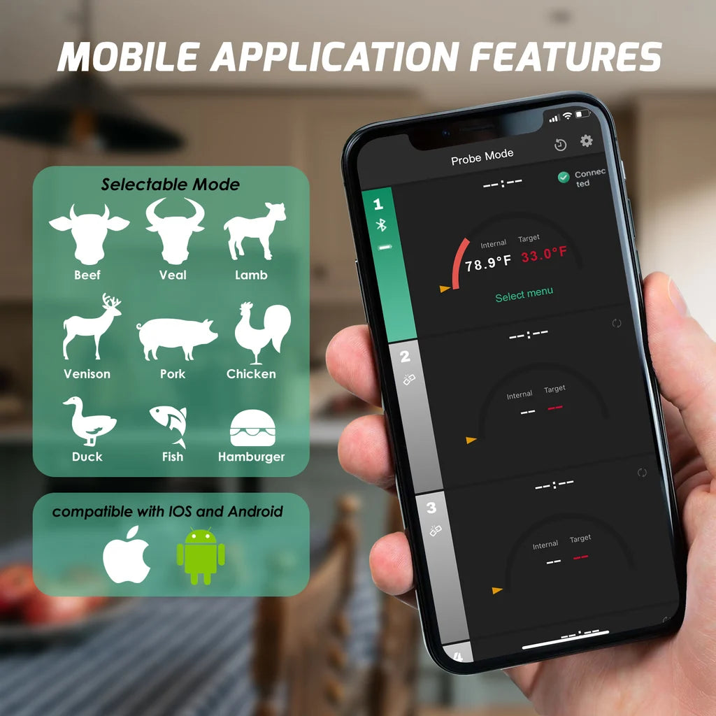 Wireless Bluetooth Meat Thermometer with App, 165 ft Remote Range for BBQ, Grill, Smoker & Oven