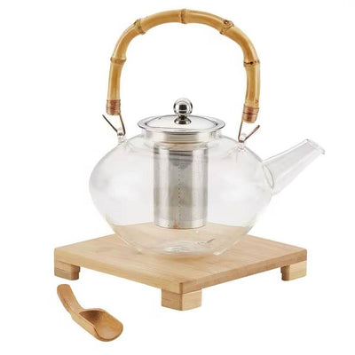 1 Quart Glass Teapot Kettle with Stainless Steel Tea Infuser and Bamboo Handle - Free Shipping 
