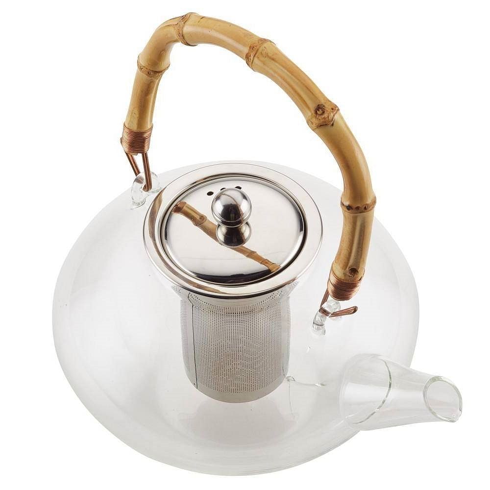 1 Quart Glass Teapot Kettle with Stainless Steel Tea Infuser and Bamboo Handle - Free Shipping