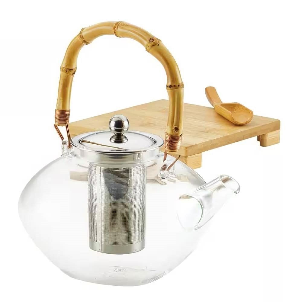 1 Quart Glass Teapot Kettle with Stainless Steel Tea Infuser and Bamboo Handle - Free Shipping