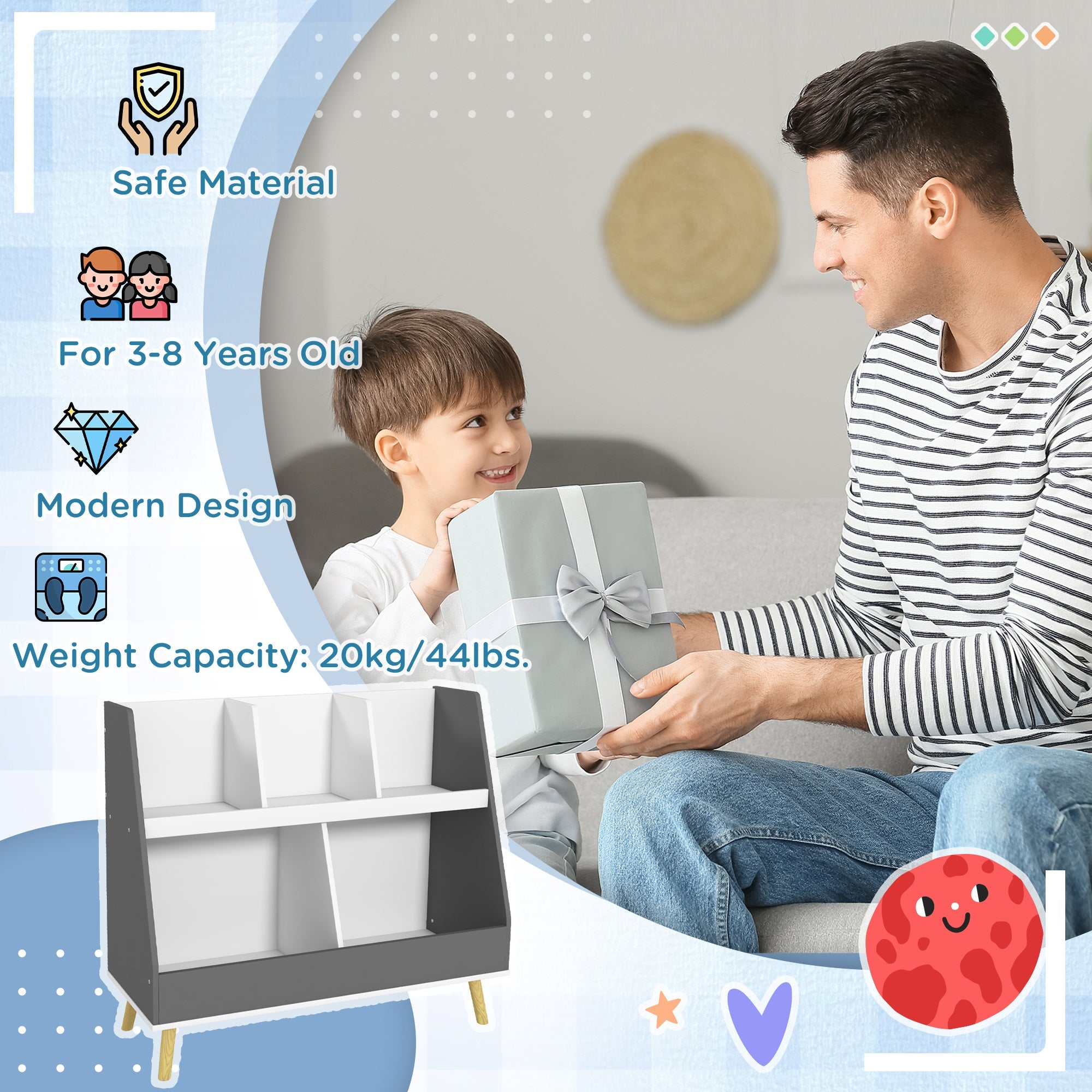 Qaba Toy Storage Organizer: 2 Tier with 5 Compartments, Safety Anti-tip for Nursery & Playroom - Grey 