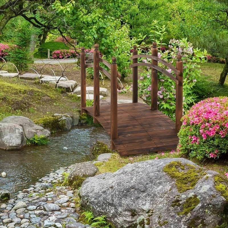 7.5 Ft Wooden Garden Bridge with Hand Rails in Carbonized Wood Finish - Free Shipping