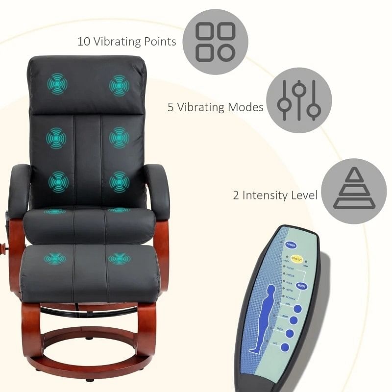 Adjustable Black Faux Leather Electric Remote Massage Recliner Chair w/ Ottoman - Free Shipping 