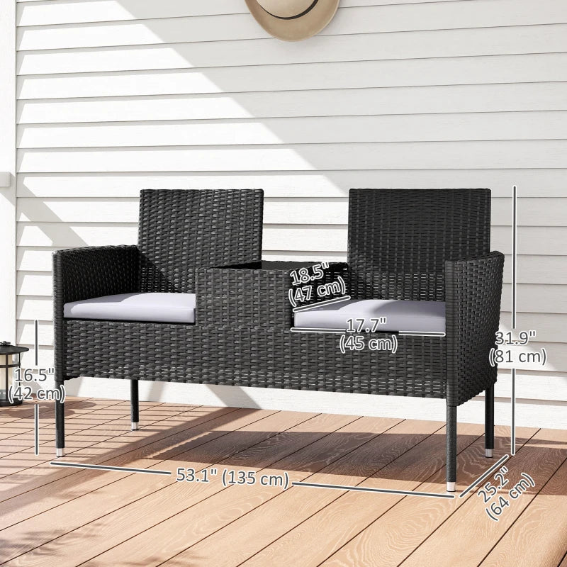 Patio Furniture w/ Mid-Table PE Rattan Loveseat w/ Cushion, Light Grey
