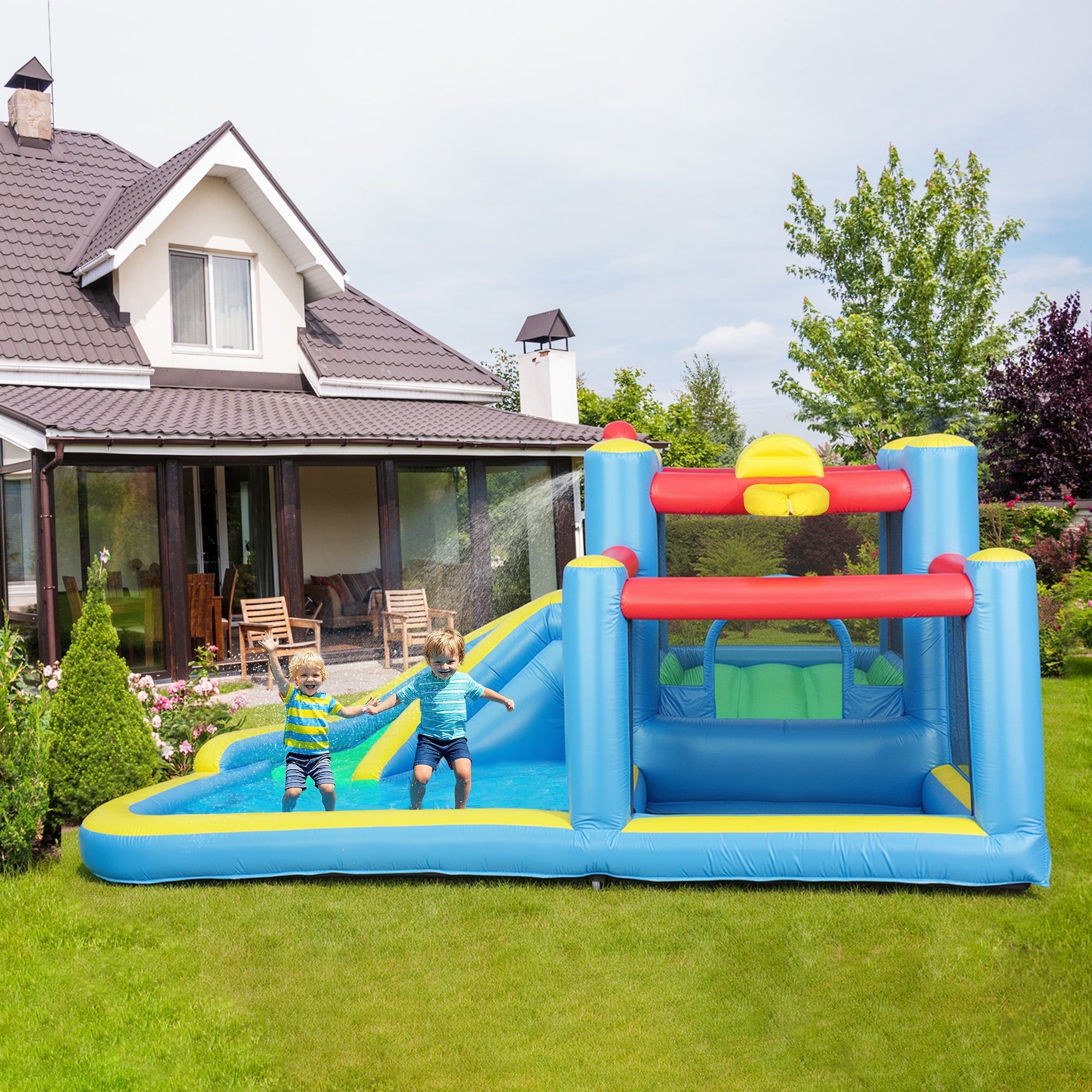 Qaba Bouncy Castle for Kids with 550W Blower, Water Slide, 2 Splash Pools, Basketball Hoop, Dart Board,12.6' x 9.5' x 5.9' 