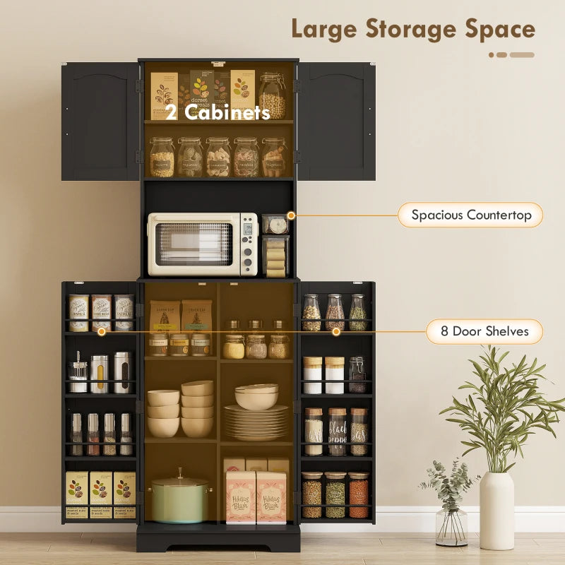71.5" Tall Pantry Cabinet, Farmhouse Kitchen Storage Cabinet with Adjustable Shelves, 8 Door Spice Racks, Black