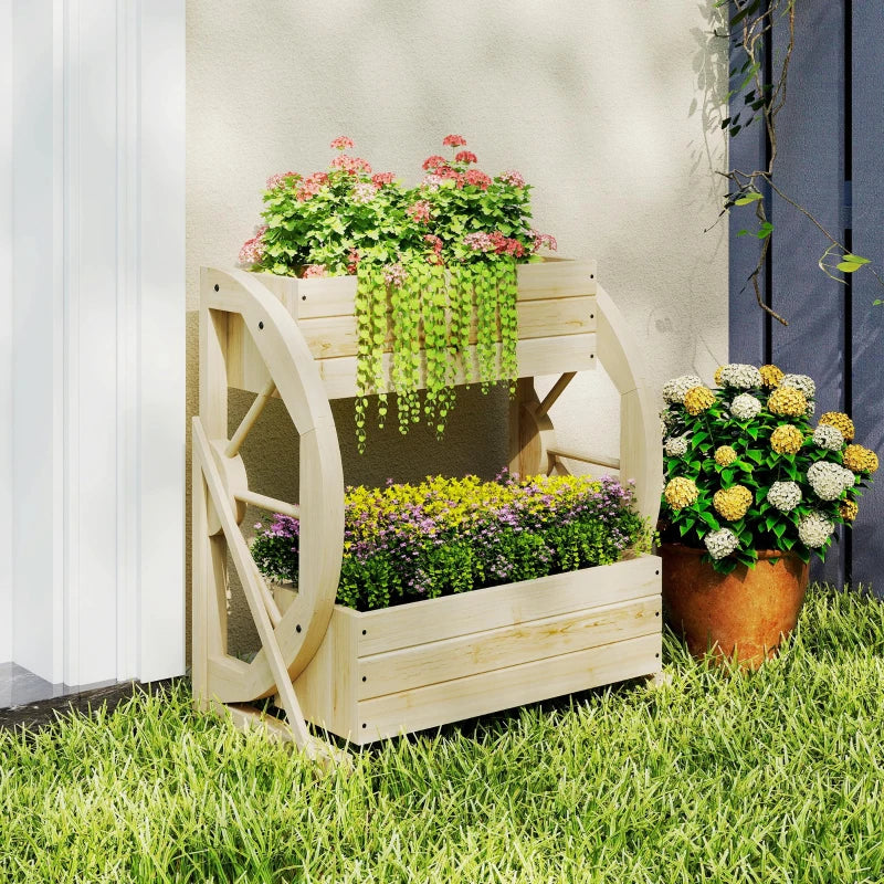Wooden Wagon Planter Box, 2-Tier Raised Garden Bed, for Vegetables Flowers Herbs, Natural