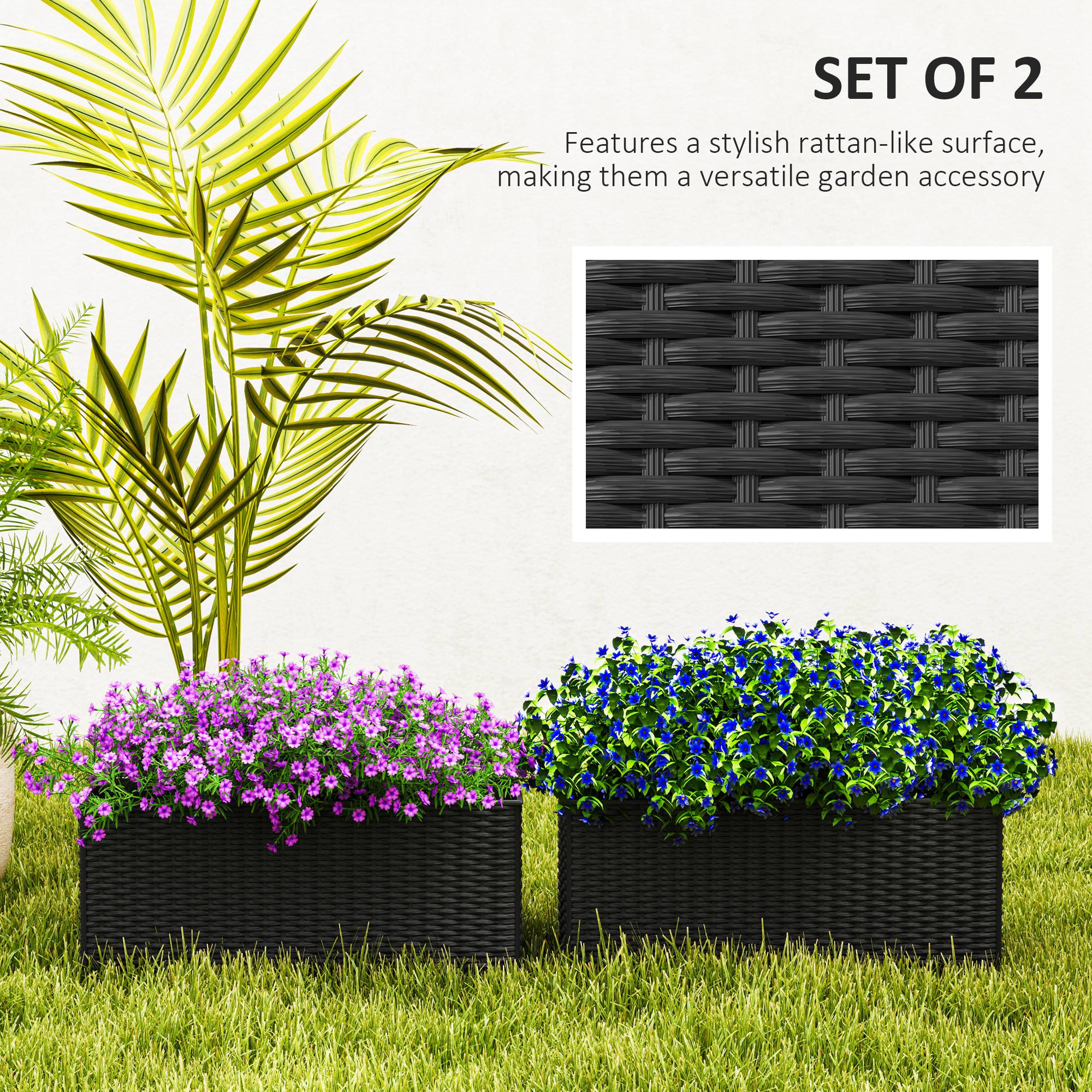 Outsunny 2 Pack 20 Inch Self-Watering Hanging Flower Pots, Railing Planter Box for Fence, Garden, Rattan Look, Black 