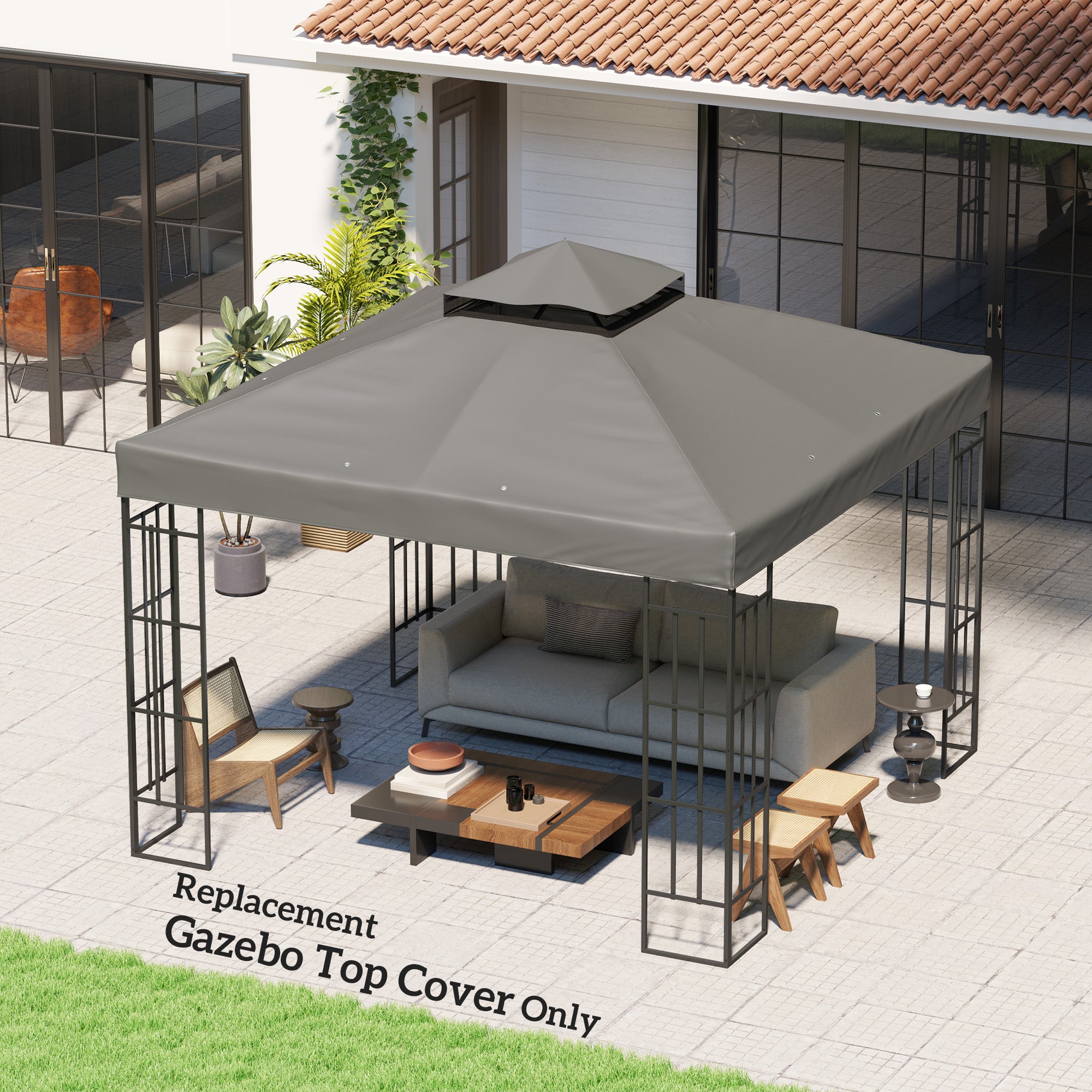 Outsunny 10' x 10' Gazebo Canopy Replacement Cover, 2-Tier Garden Gazebo Roof Replacement, UPF30+, TOP COVER ONLY, Grey 
