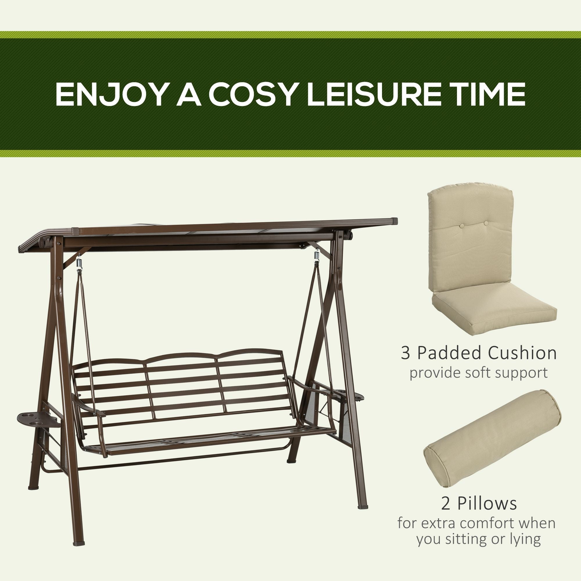 Outsunny 3-Seat Outdoor Canopy Swing Chair, Comfortable Glider with Cushion & Pillows, Adjustable Polycarbonate Roof for Porch 