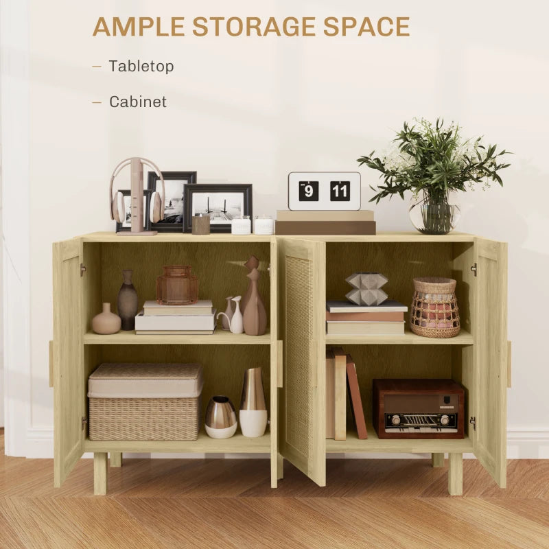 Boho Sideboard Buffet Cabinet, Storage Cabinet with 4 Rattan Doors and Adjustable Shelves, Natural
