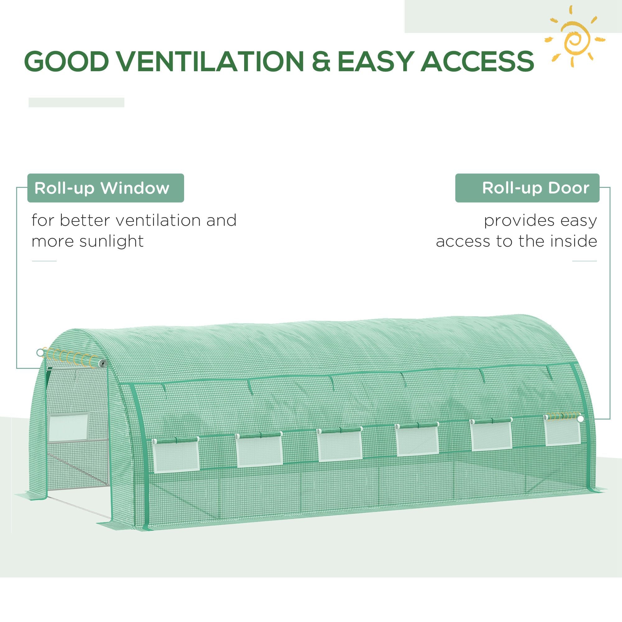 Outsunny Large Walk-in Greenhouse, 20'x10'x6.6' Tunnel Greenhouse with Zippered Door and 12 Roll-up Windows, Outdoor Green House for Garden Plant, Green 