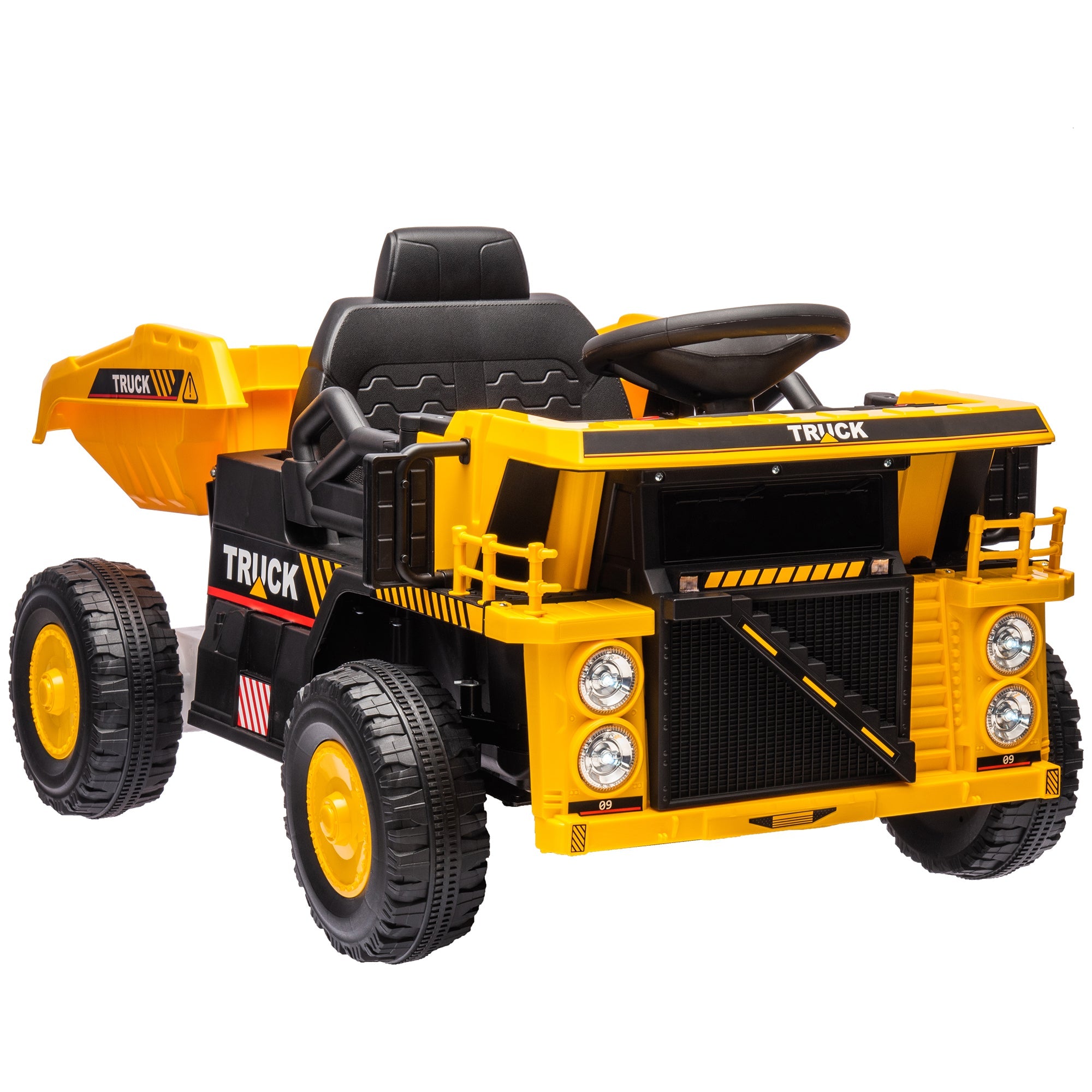 Qaba 12V Kids Ride On Dump Truck Construction Vehicle w/ Electric Dump Bed, Shovel, Spring Suspension Wheels 