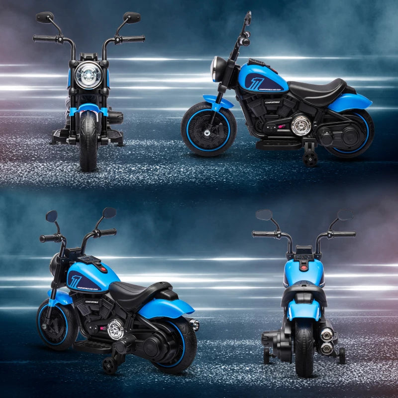 Aosom 6V Kids Motorcycle with Training Wheels, Foot Pedal, Headlight, Music, Forward/Reverse, Single-Button Start, Blue