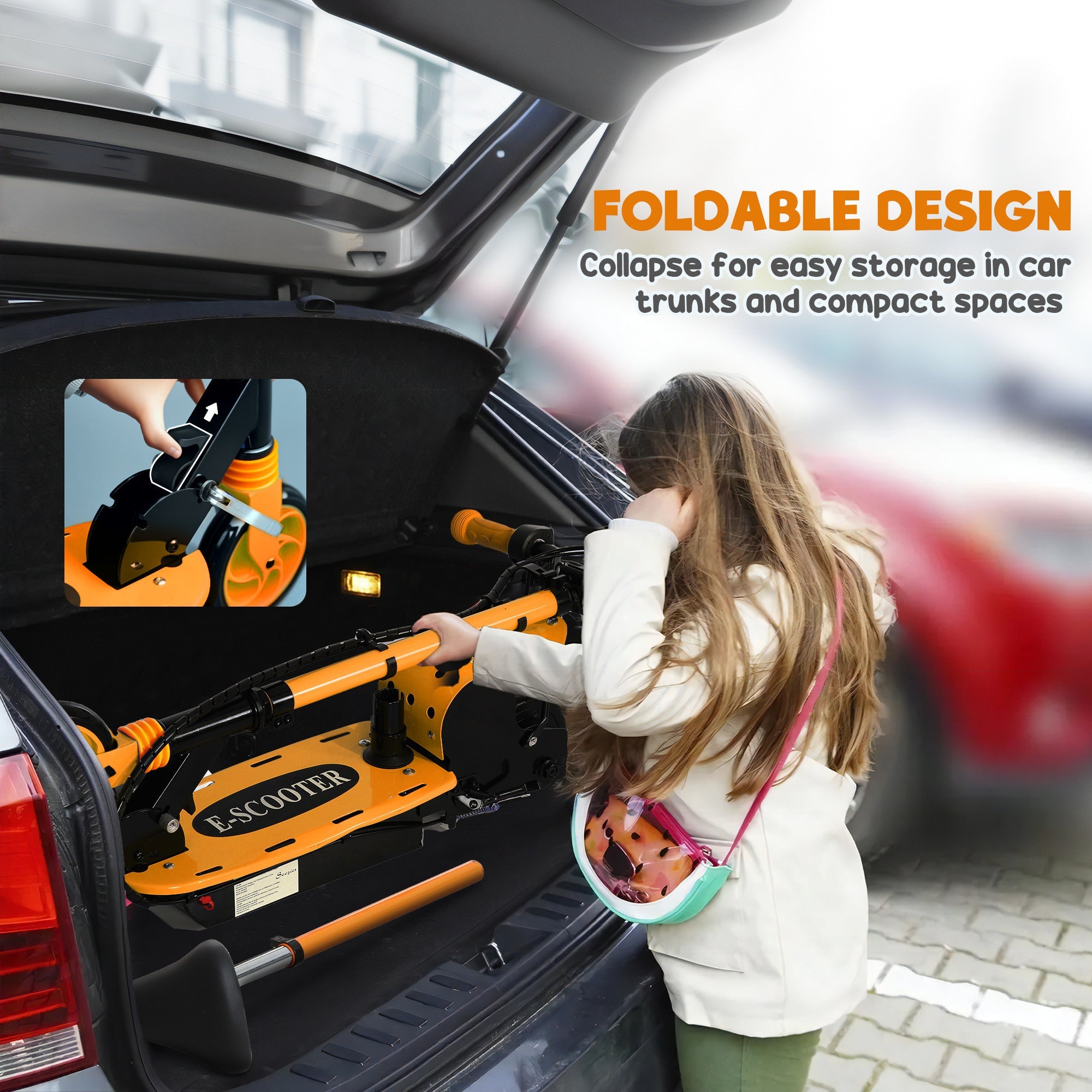 Soozier Foldable Electric Scooter for Kids Ages 6-14, with Seat and 2 Adjustable Heights, Max 6km Range & 12km/h, Orange 