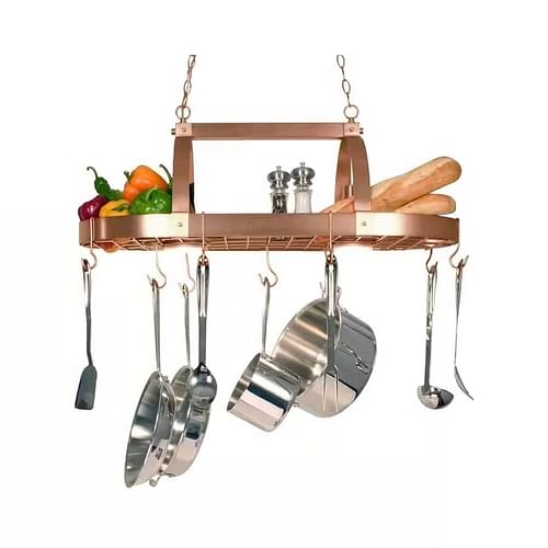 Oval Ceiling Mount Kitchen Pot Rack in Copper Finish with 2 Lights - Free Shipping