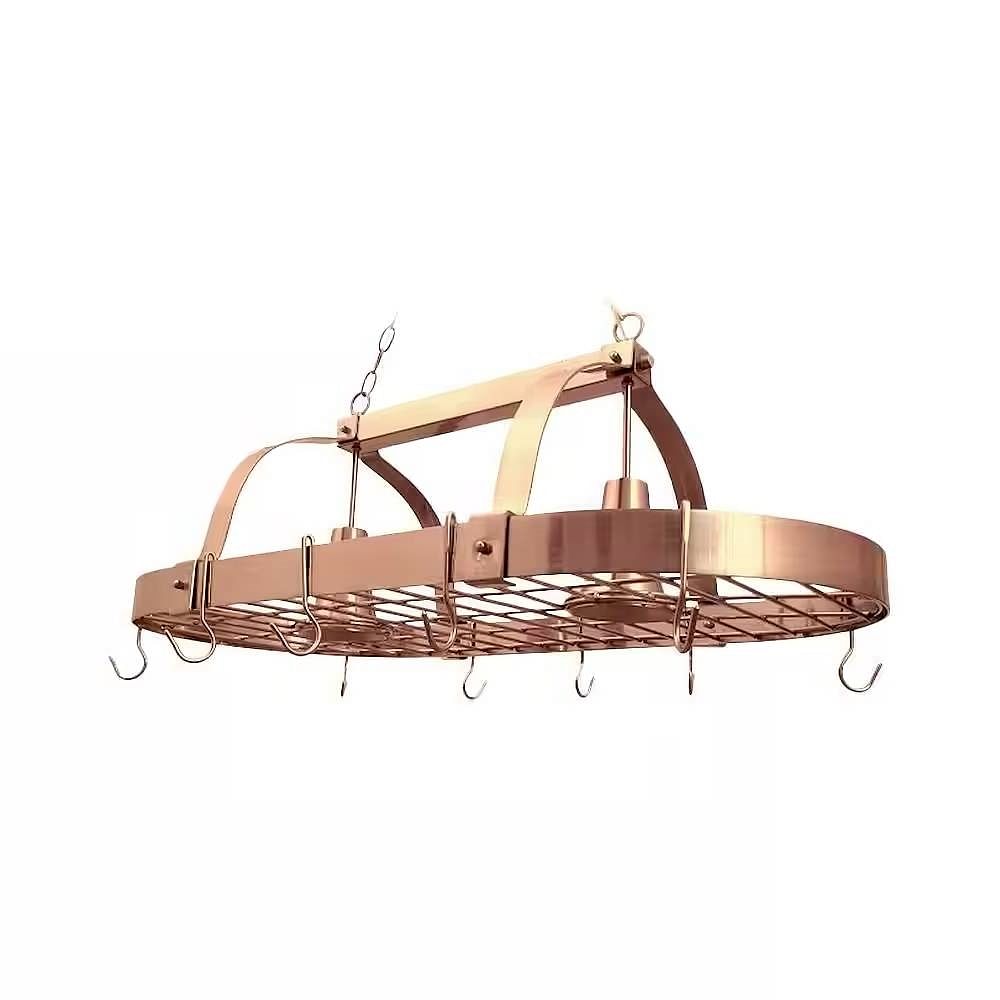 Oval Ceiling Mount Kitchen Pot Rack in Copper Finish with 2 Lights - Free Shipping