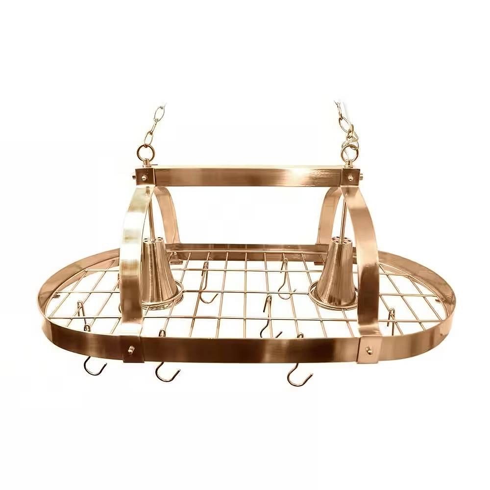 Oval Ceiling Mount Kitchen Pot Rack in Copper Finish with 2 Lights - Free Shipping