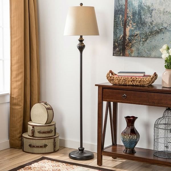 3-Piece Floor Lamp and Table Desk Lamp Set in Black with Light Gold Drum Shades - Free Shipping