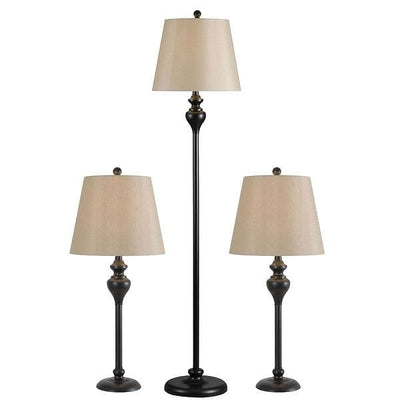 3-Piece Floor Lamp and Table Desk Lamp Set in Black with Light Gold Drum Shades - Free Shipping 