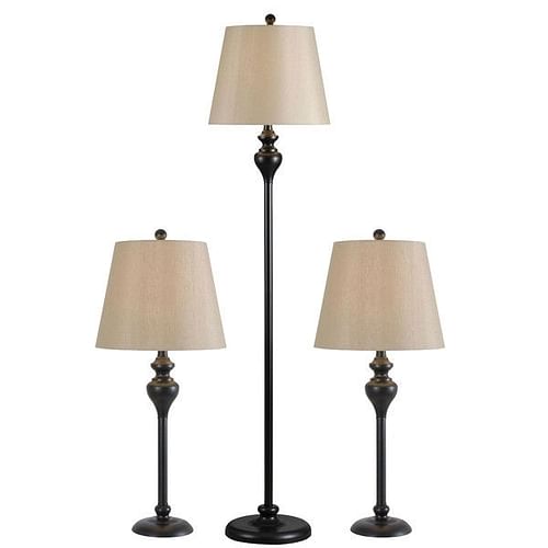 3-Piece Floor Lamp and Table Desk Lamp Set in Black with Light Gold Drum Shades - Free Shipping