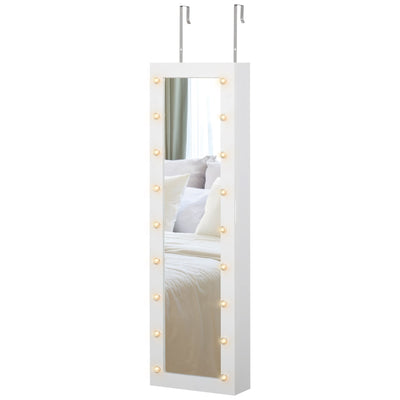 HOMCOM Wall-Mount Jewelry Cabinet: With 18 LED Lights, Mirror, 3 Adjustable Heights, White 