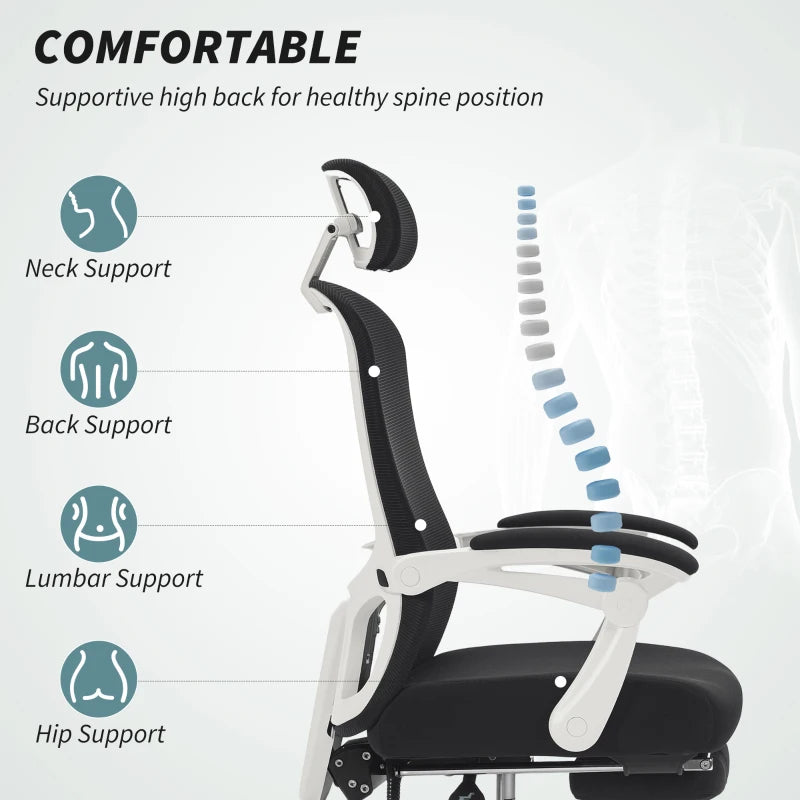 Ergonomic Office Chair, Mesh Reclining Desk Chair with Adjustable Lumbar Support, Headrest, Black