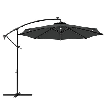 Outsunny 8.8FT Cantilever Patio Umbrella with Solar Powered LED Lights, Crank Handle, Cross Base for Outdoor Sun Shade, Grey 