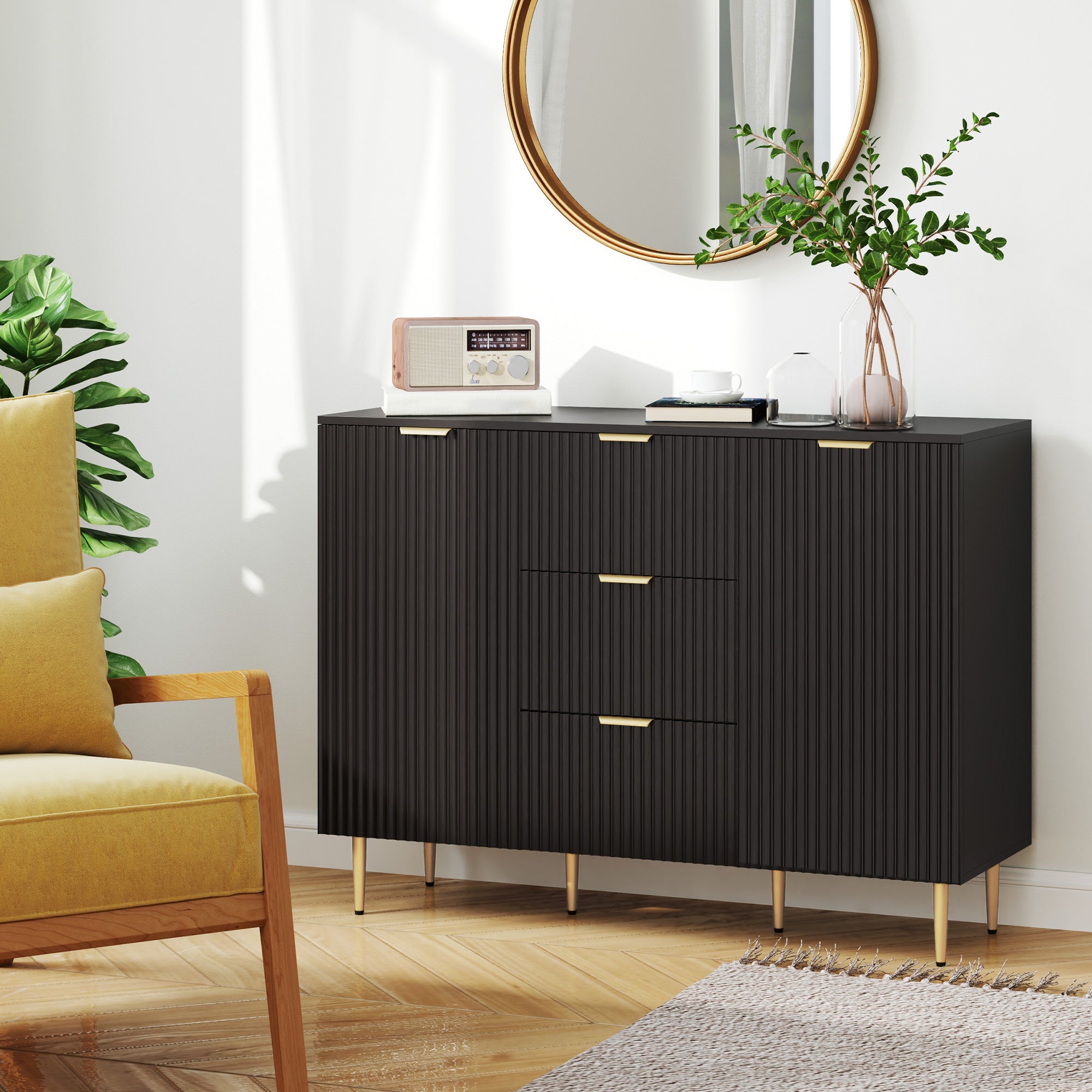 HOMCOM Modern Kitchen Storage Cabinet, Sideboard Buffet Cabinet w/ 3 Drawers and Adjustable Shelves for Kitchen Hallway, Black 