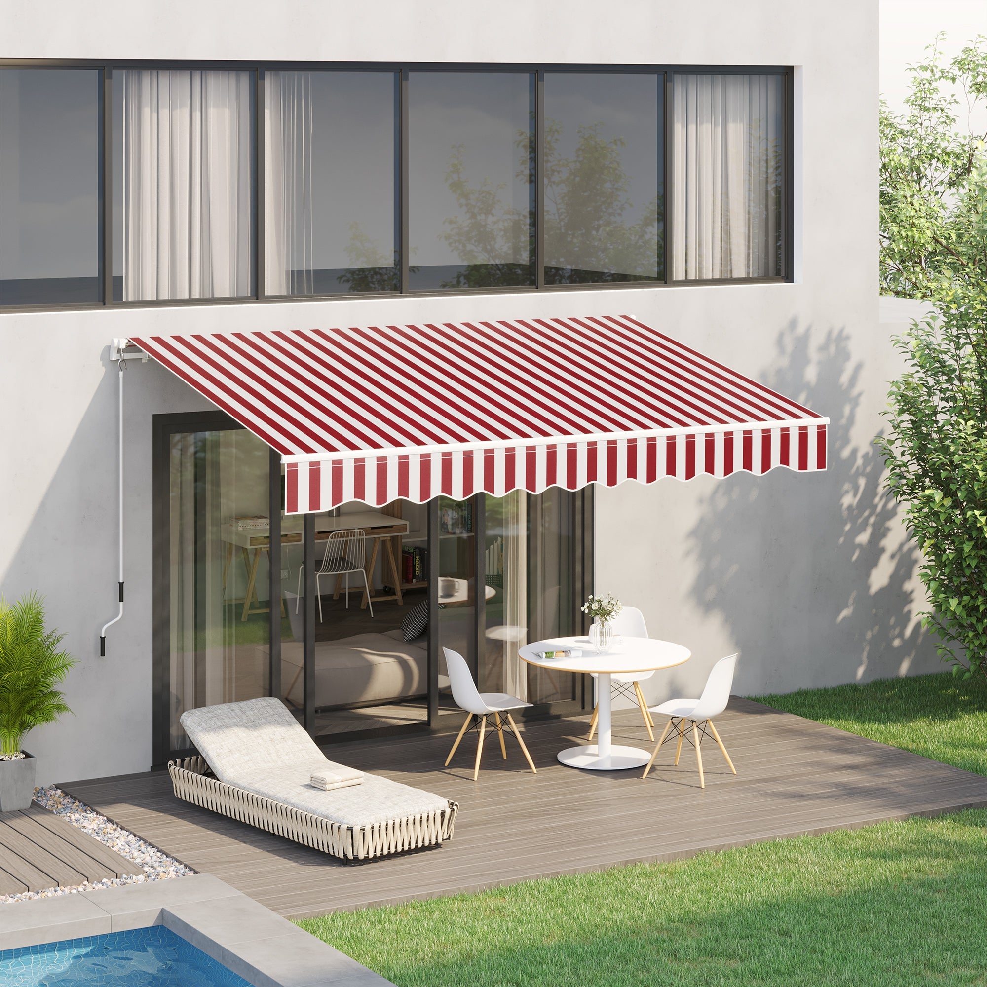 Outsunny 10' x 8' Manual Retractable Awning, Sun Shade Shelter Canopy, with Aluminum Frame and UV Protection for Patio Deck Yard Window Door, Wine Red and White Stripe 