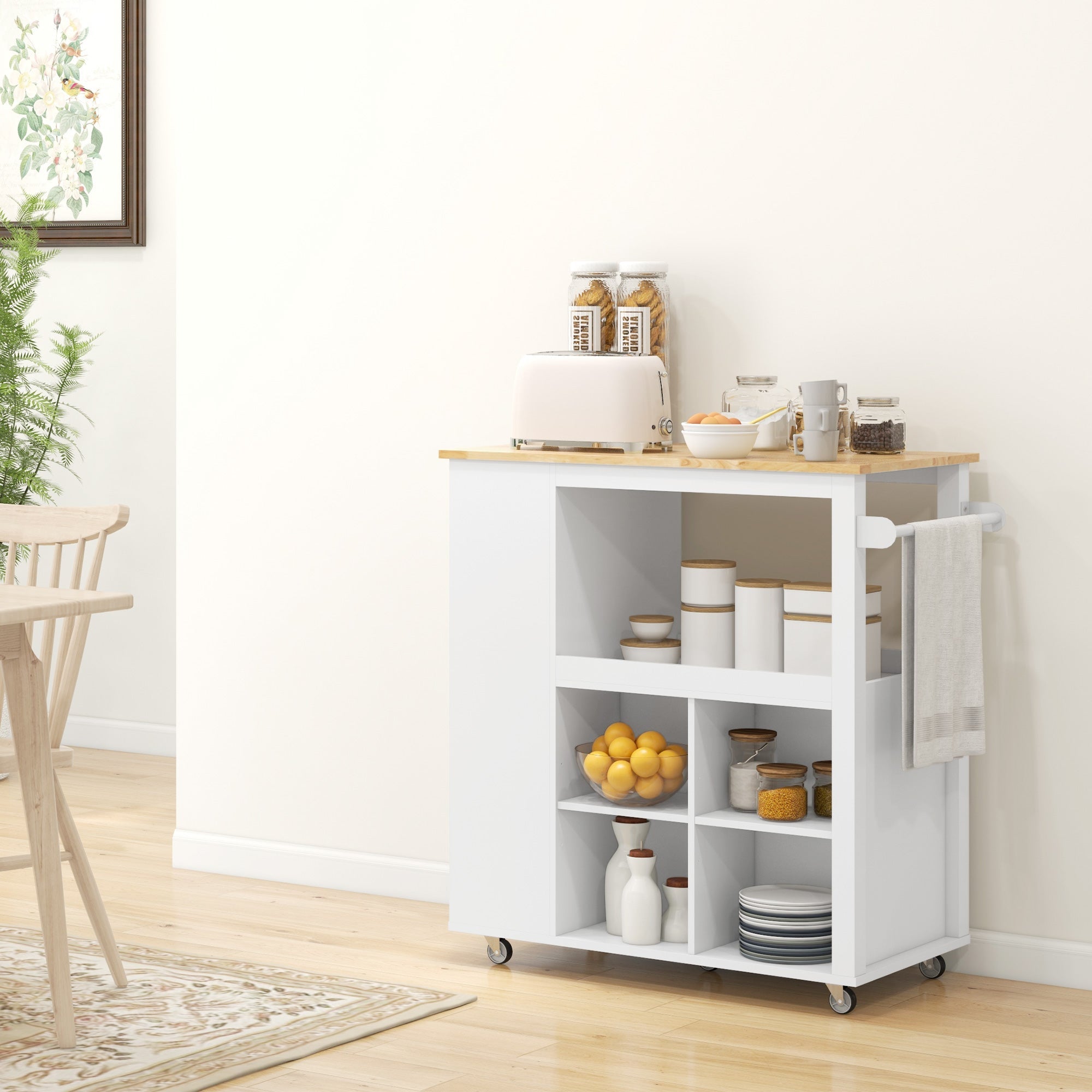 HOMCOM Kitchen Island Table Kitchen Cart with Rubberwood Top, Adjustable Shelves, Knife Rack, Towel Rack, Cabinet, White 